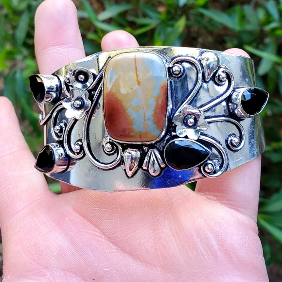 New Mookaite Jasper and Spinnel Cuff 925 Silver Bracelet. - Picture 2 of 16